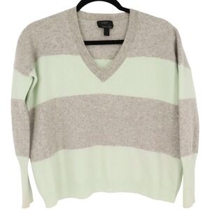 J Crew Italian Cashmere Striped Oversized V-Neck Sweater Size XS Grey Mint